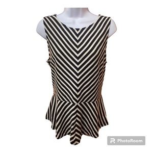 BANANA REPUBLIC Black White Striped Sleeveless V-Neck Peplum Tank Top Sz 10